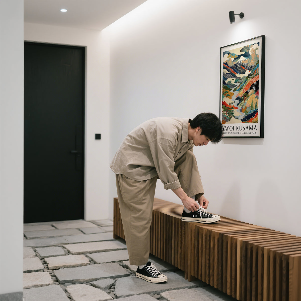 Minimalist Yayoi Kusama print perfect for Japandi interiors