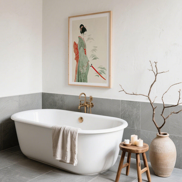 Hand-painted Japanese Watercolor Art print of strong female figure with katana.