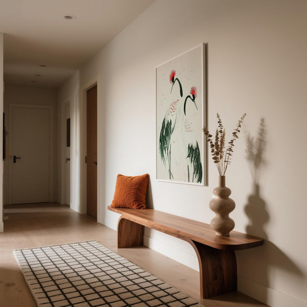 Japanese Crane Art print with detailed feathers and long necked cranes.