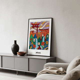 Graphic garden poster featuring hanging lanterns over layered hills and stream