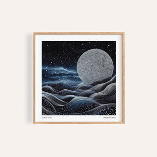 Unique wall art for bedroom featuring surreal moon and glowing dot waves