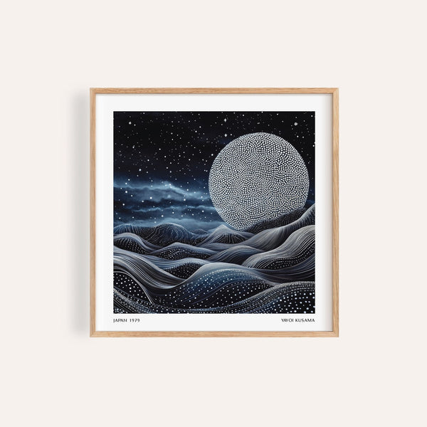 Unique wall art for bedroom featuring surreal moon and glowing dot waves