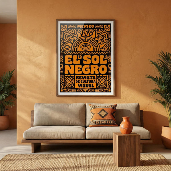 Living room with a 'El Sol Negro' poster on an orange wall, a beige sofa, and decorative elements.