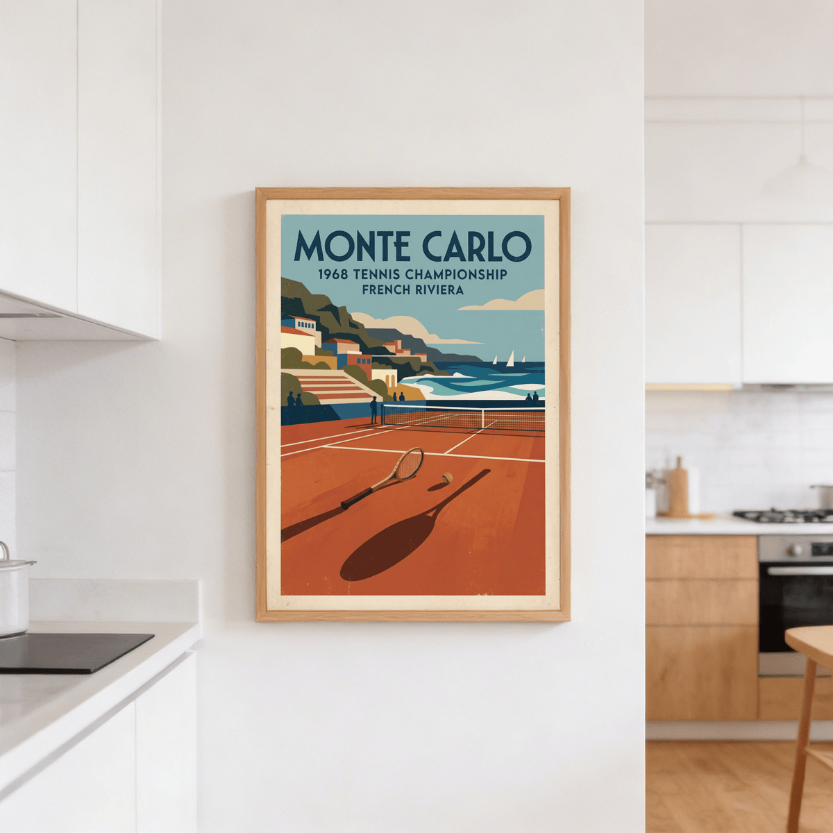 Tennis Championship Art Print showing Monte Carlo text over a seaside scene