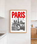 Floating hot air balloon accent above Paris landmarks poster