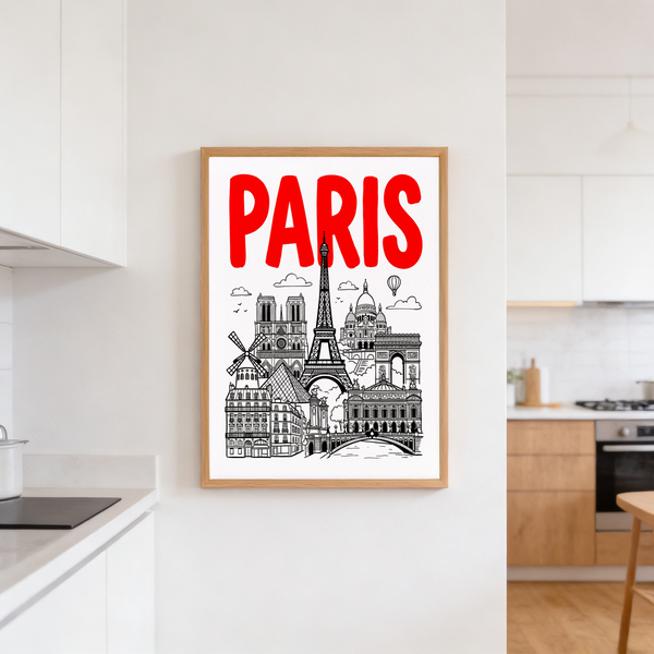 Floating hot air balloon accent above Paris landmarks poster