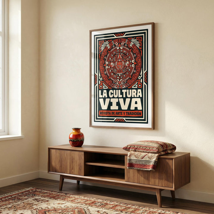 Print on a wall of Aztec Culture Art Print with red and black folk-art style above a wooden sideboard