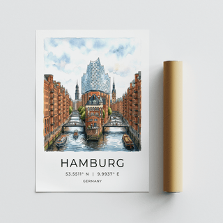 Detailed urban poster of Hamburg waterways with multiple bridges and landmarks