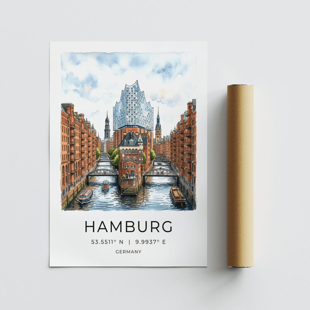 Detailed urban poster of Hamburg waterways with multiple bridges and landmarks