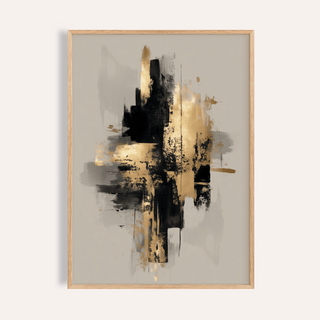 Framed Gold Wabi Sabi Print with black and gold brush strokes on beige background
