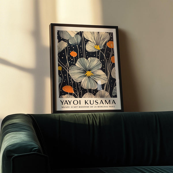 Large Flower Wall Art with ink-drawn petals and vibrant orange details.