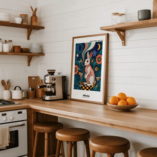 Vibrant rabbit poster print with layered circles, starbursts, and large flowers