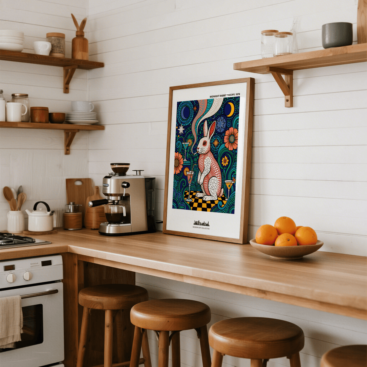 Vibrant rabbit poster print with layered circles, starbursts, and large flowers