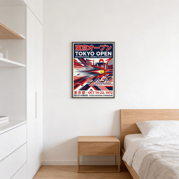 Framing retro tournament poster showing tennis ball, racket, and fast linear patterning