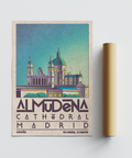 Architectural illustration poster with bold Espana text and landmark graphic