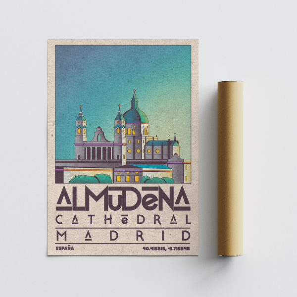 Architectural illustration poster with bold Espana text and landmark graphic