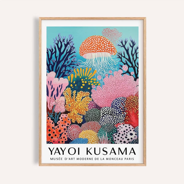 Colorful jellyfish wall art with orange coral and pink sea plants for living room decor