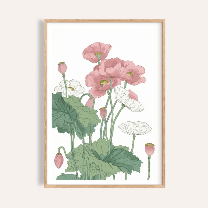 Botanical Flower Print showing poppy blooms, buds, and green leaves