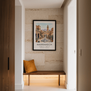 Architectural wall art print with tall tower, birds in sky, and distant mountains