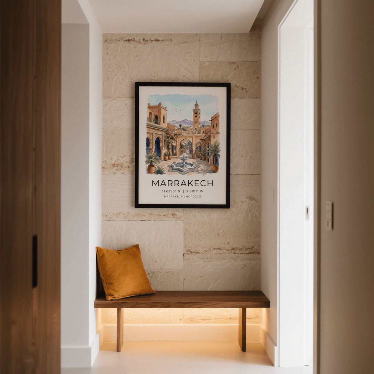 Architectural wall art print with tall tower, birds in sky, and distant mountains