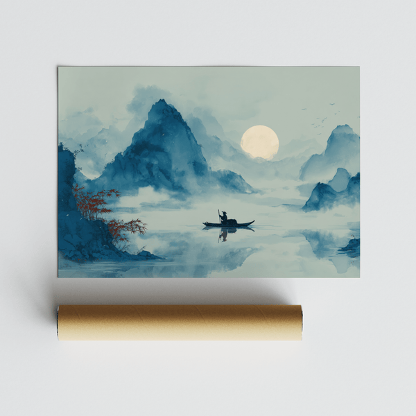 Zen Wall Art Print for minimalist living room decor in Blue hues