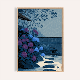 Framed Japanese Rain Print poster showing hydrangeas, stepping stones, and diagonal rainfall lines