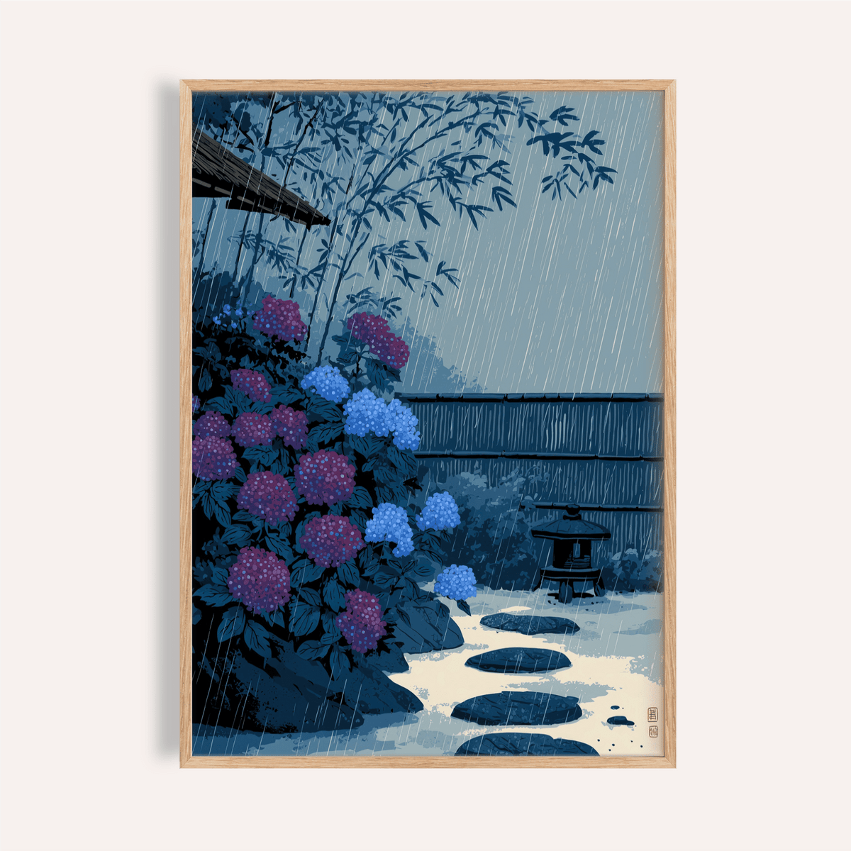 Framed Japanese Rain Print poster showing hydrangeas, stepping stones, and diagonal rainfall lines