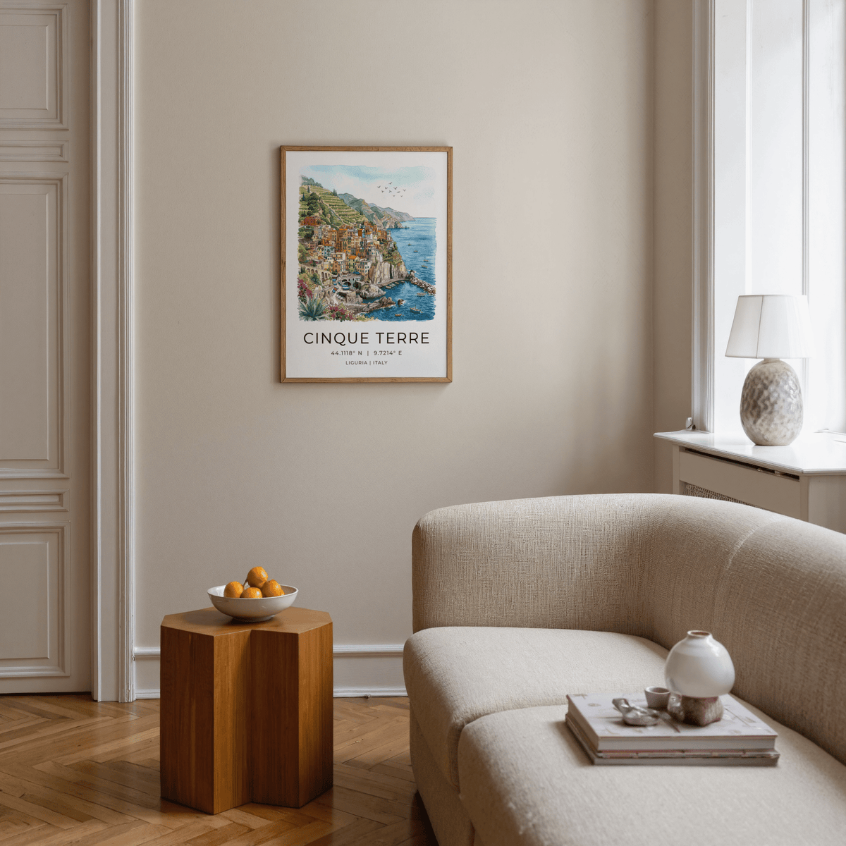 Coastal illustration of colorful Italian houses stacked on rugged cliffs