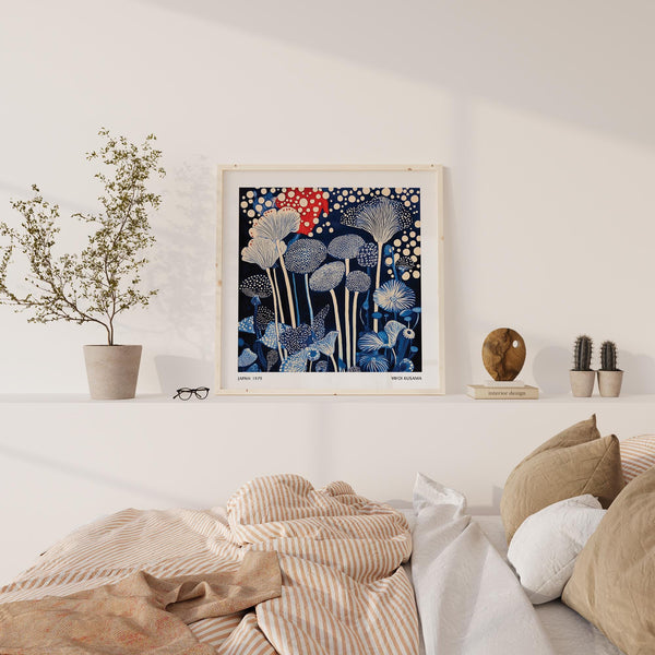 Surreal forest-themed Red and Blue Art inspired by Japanese design