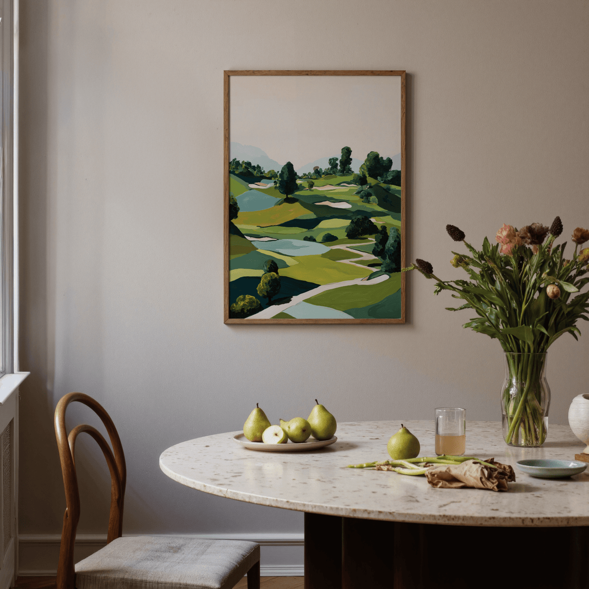 Room scene featuring golf course landscape wall art poster in green and blue tones