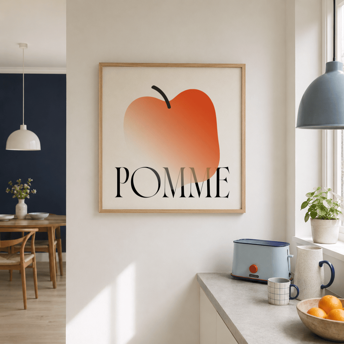 Kitchen wall poster showing large apple icon and curved stem