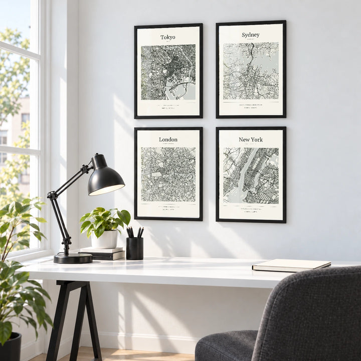 Tokyo personalised City Atlas map print with Perspex - Black frame - Four-city wall collection