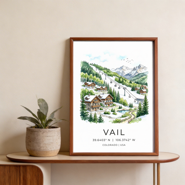 Vail Colorado Wall Art print featuring gondola cabins and coordinate caption
