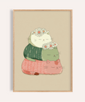 Cute Cat Art Print in Pink, Green, and Beige for nursery wall art