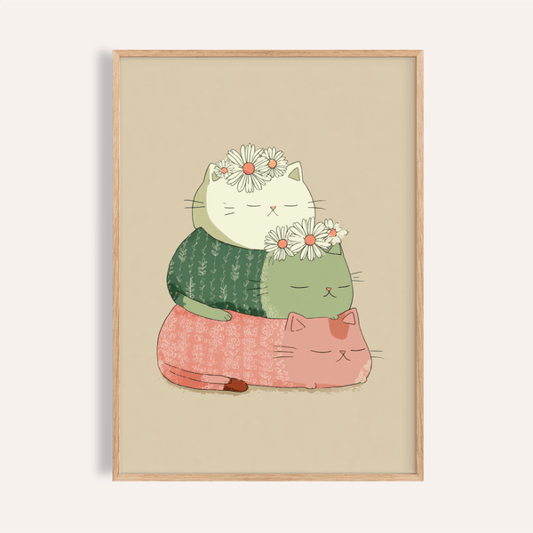 Cute Cat Art Print in Pink, Green, and Beige for nursery wall art
