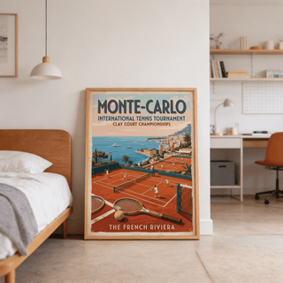 Clay court tennis scene under clear blue sky with moored boats