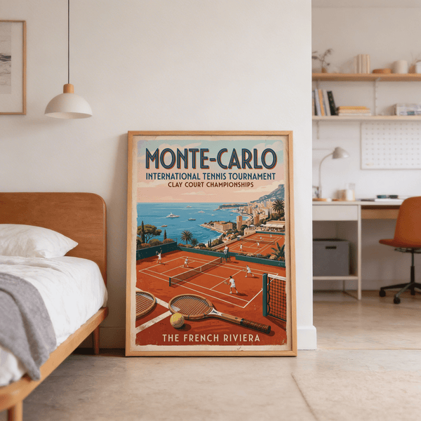 Clay court tennis scene under clear blue sky with moored boats