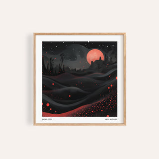 Wall moon art with surreal red moon over dotted black terrain