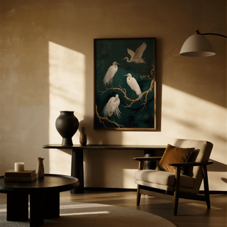 Elegant Bird Art Print with Green and Gold, ideal for office wall art