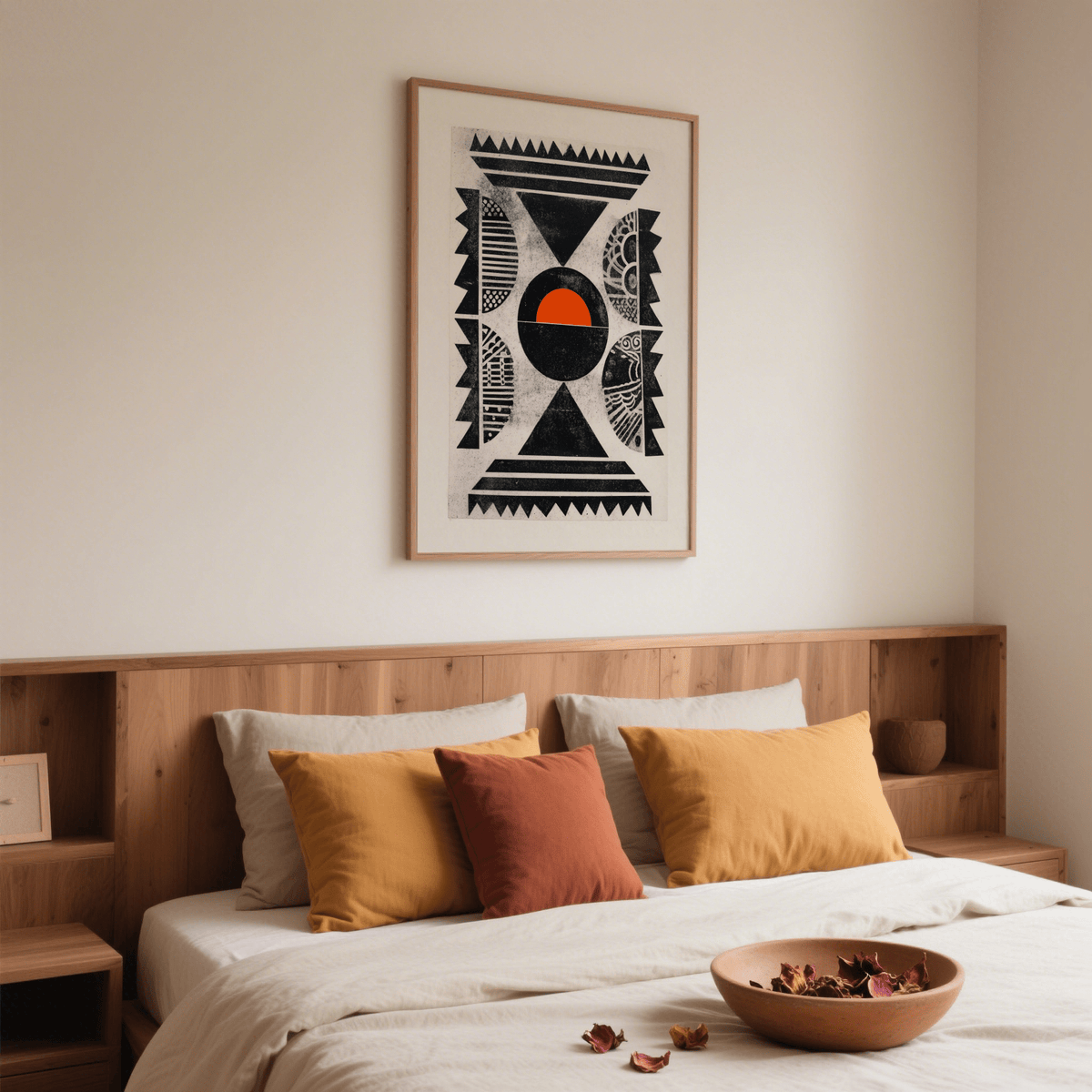 Beige and Black wall art print with an Orange circle accent and Gray texture speckle