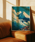 Blue sky and white cloud layers with red village poster
