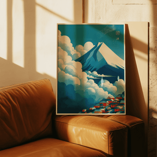 Blue sky and white cloud layers with red village poster