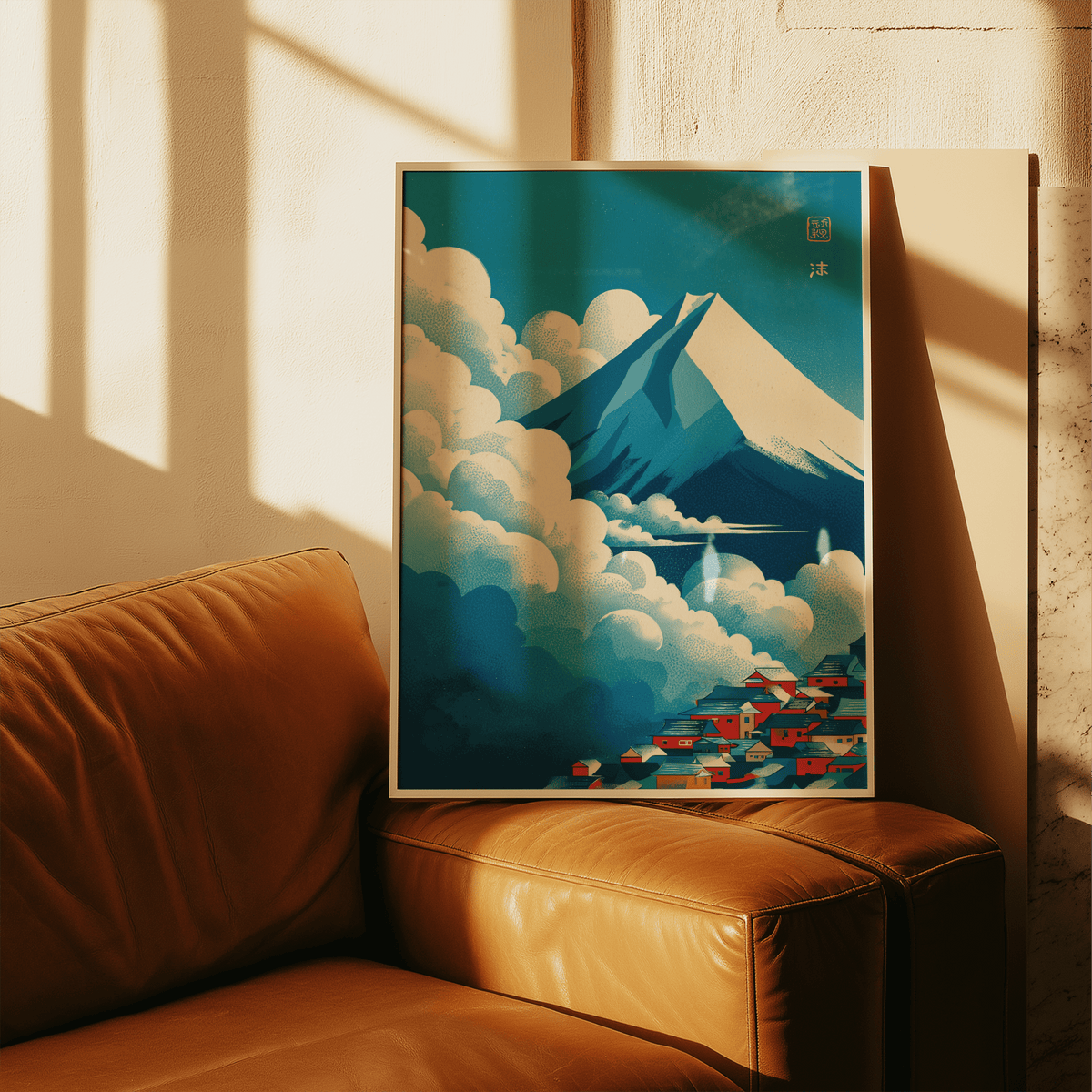 Blue sky and white cloud layers with red village poster