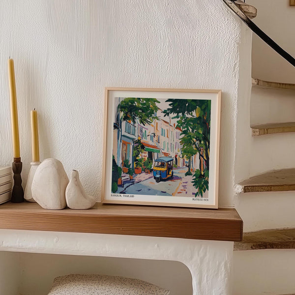 Holiday prints featuring vibrant storefronts and tuk-tuk ride

