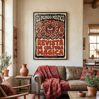 Living room with a decorative poster on the wall and a couch with a red blanket.