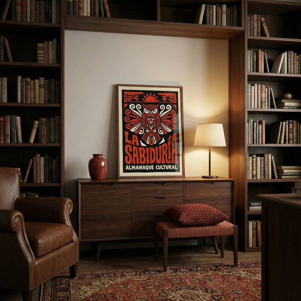 Nest living room with bookshelves, a poster, and a lamp.