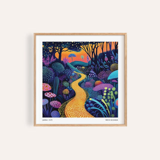 Polka Dot Pop Art framed print of a golden forest path with colourful plants and an orange sky