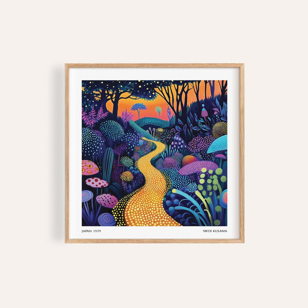 Polka dot pop art featuring a surreal enchanted forest