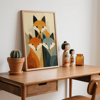 Nursery-style fox poster showing three faces, pointed ears, and soft textured background