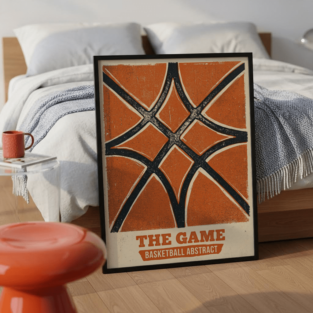 Modern sports poster print in Orange, Beige, and Black with textured surface and bold lines